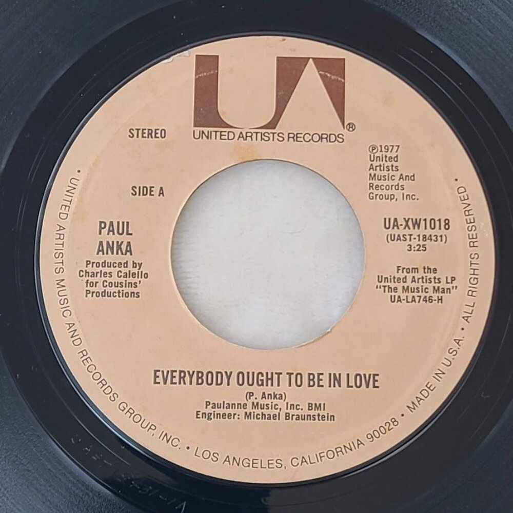 Paul Anka Everybody Ought to Be in Love / Tonight 45 RPM 7" Vinyl 1977 UA XW1018